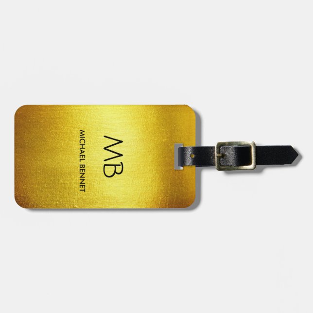 Elegant Monogrammed Gold Brushed Metallic Luggage  Tag (Front Horizontal)