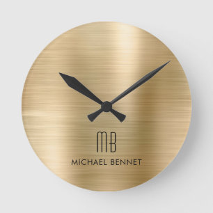 Elegant Monogrammed Gold Brushed Metallic Round Clock
