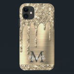 Elegant Monogrammed Gold Glitter Drips Gold Metal iPhone 11 Case<br><div class="desc">Modern,  girly gold glitter drips name and monogrammed iphone case. This design features yellow gold glitter sparkle drips on gold brushed metal background with custom personalised monogram initial and first name text template. Perfect feminine gift. If you need help or matching items,  please contact to me.</div>