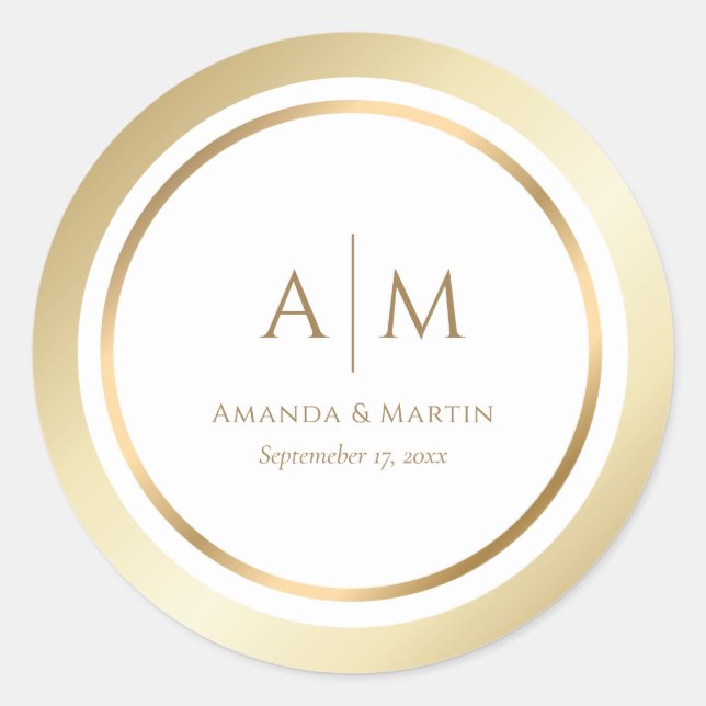 Elegant Monogrammed Gold Wedding Round Stickers (Front)