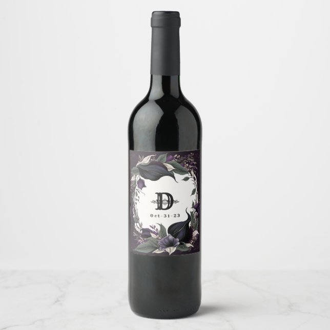 Elegant Monogrammed Gothic Wedding Wine Label (Front)