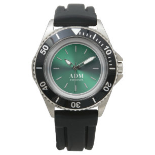 Elegant Monogrammed Green Brushed Metallic Watch