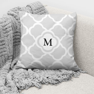 Elegant Monogrammed Grey Quatrefoil Pattern Cushion