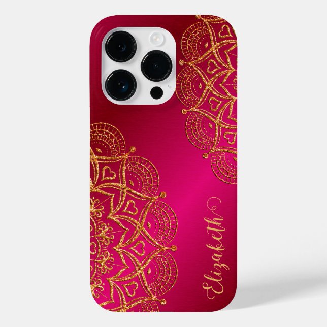 Elegant Monogrammed Hot Pink and Gold Mandala Case-Mate iPhone Case (Back)
