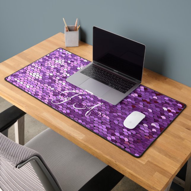 Elegant Monogrammed initial Purple Sequin Desk Mat (Office 2)