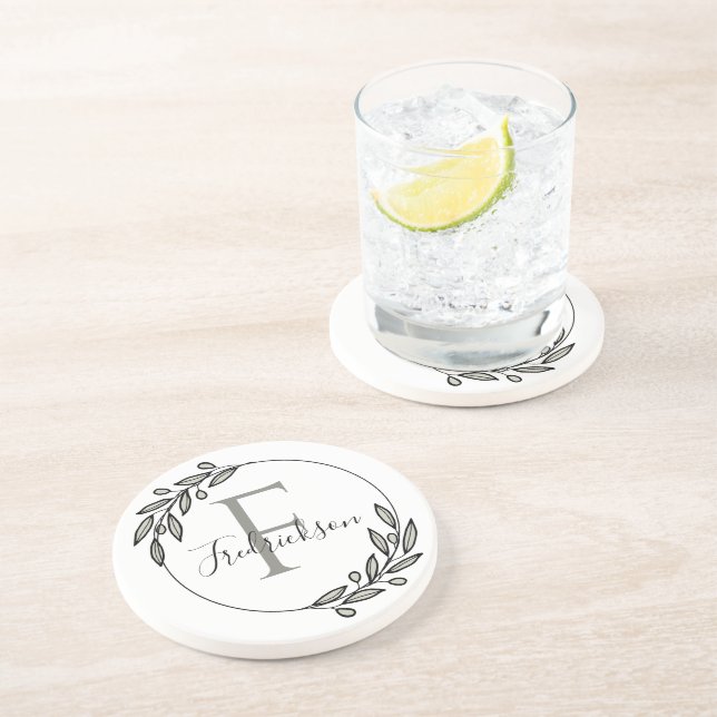 Elegant Monogrammed Initial Wreath Table Protectio Coaster (Side)