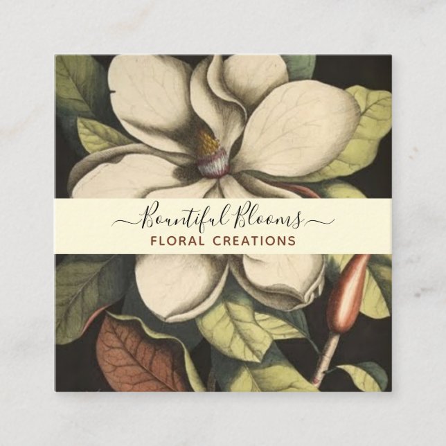 Elegant Monogrammed Magnolia Cream Sage Blooms Square Business Card (Front)