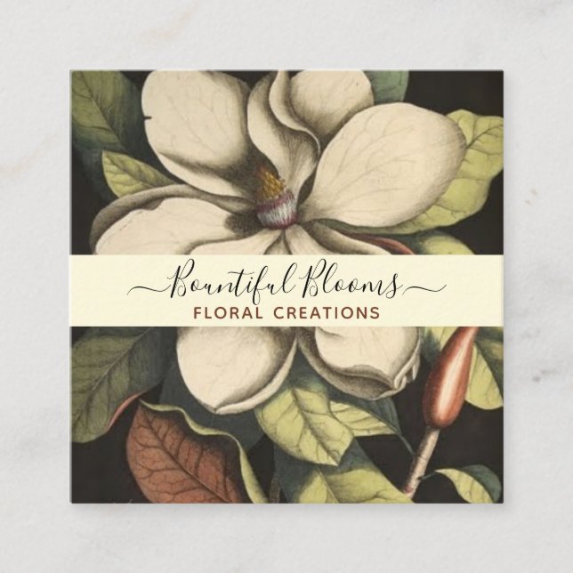 Elegant Monogrammed Magnolia Cream Sage Blooms Square Business Card (Front)