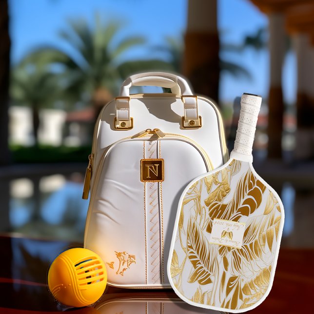 Elegant Monogrammed Monstera Gilded Gold Pickleball Paddle (Stylish and Chic Tropical Gold and Ivory Monstera Leaf Pickleball Paddle)