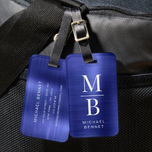 Elegant Monogrammed Navy Blue Brushed Metallic Luggage Tag