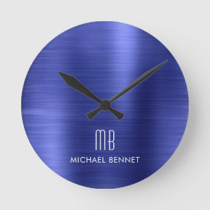 Elegant Monogrammed Navy Blue Brushed Metallic Round Clock