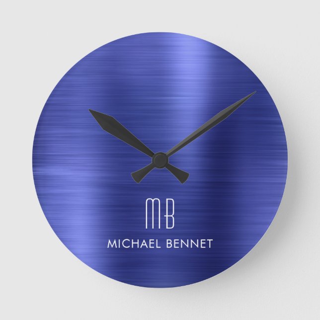Elegant Monogrammed Navy Blue Brushed Metallic Round Clock (Front)