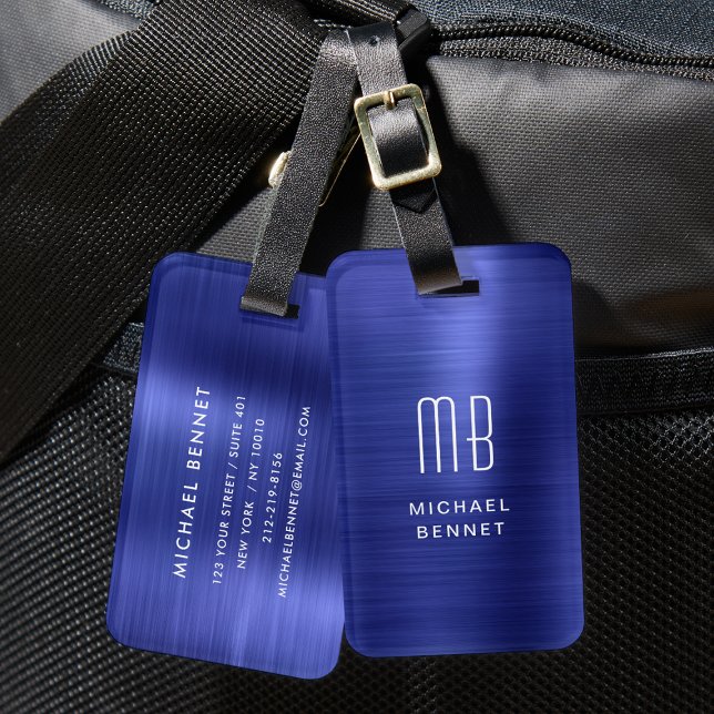 Elegant Monogrammed Navy Blue Metal Luggage Tag (Elegant Monogrammed Navy Blue Metal Luggage Tag)