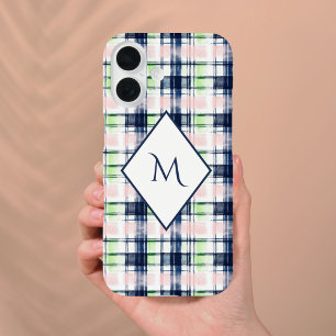 Elegant Monogrammed Navy Blue Pink Preppy Plaid  iPhone 16 Case