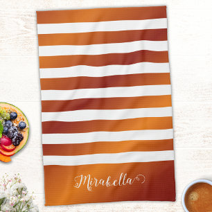 Elegant Monogrammed Orange and White Stripes Tea Towel