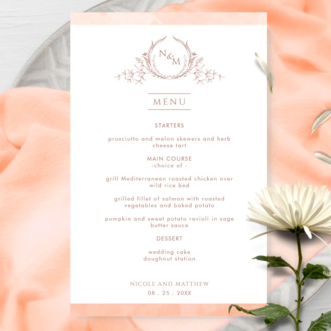 Elegant Monogrammed Peach Watercolor Wedding Menu (Creator Uploaded)