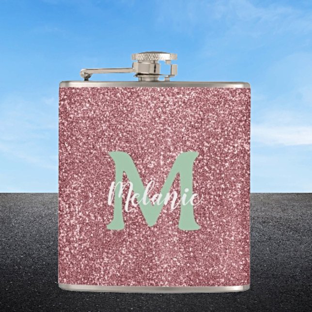 Elegant Monogrammed Pink Glitter  Hip Flask (Creator Uploaded)