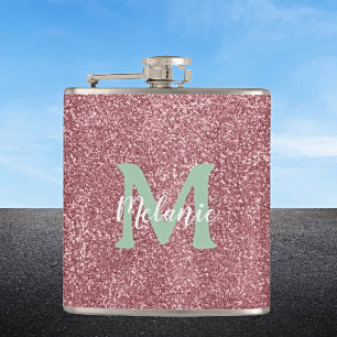 Elegant Monogrammed Pink Glitter Hip Flask