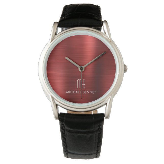Elegant Monogrammed Red Brushed Metallic Watch (Front)