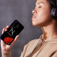 Elegant Monogrammed Red Poppy on Black