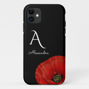 Elegant Monogrammed Red Poppy on Black Floral iPhone 11 Case