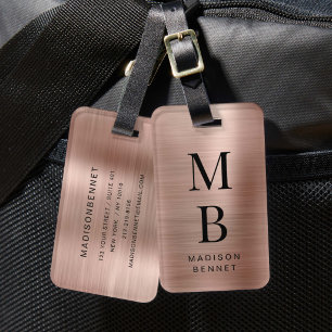 Elegant Monogrammed Rose Gold Brushed Metallic Luggage Tag