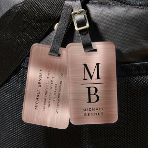 Elegant Monogrammed Rose Gold Brushed Metallic  Luggage Tag