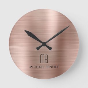 Elegant Monogrammed Rose Gold Brushed Metallic Round Clock