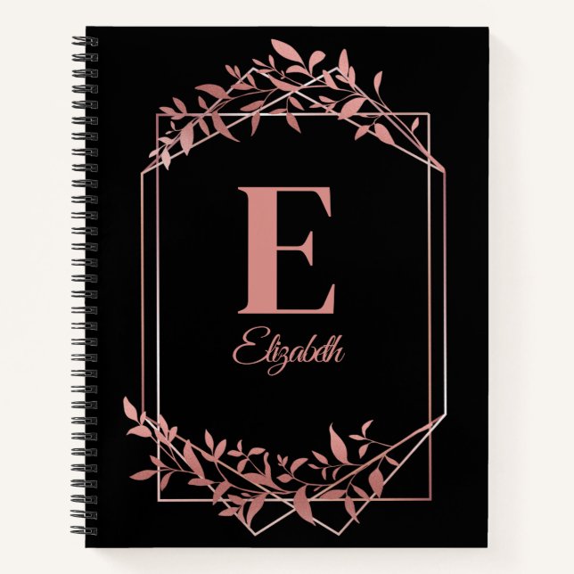 Elegant monogrammed rose gold frame leaves black notebook (Front)