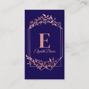 Elegant monogrammed rose gold frame leaves blue business card