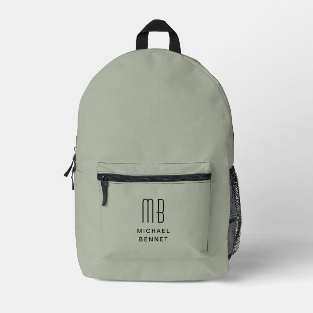Elegant Monogrammed Sage Green Printed Backpack (Front)