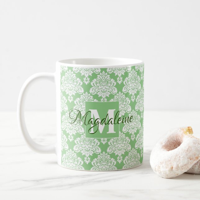 Elegant Monogrammed Sage Green & White Damask Coffee Mug (With Donut)