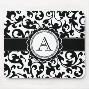 Elegant Monogrammed Scroll Damask Black and White Mouse Pad