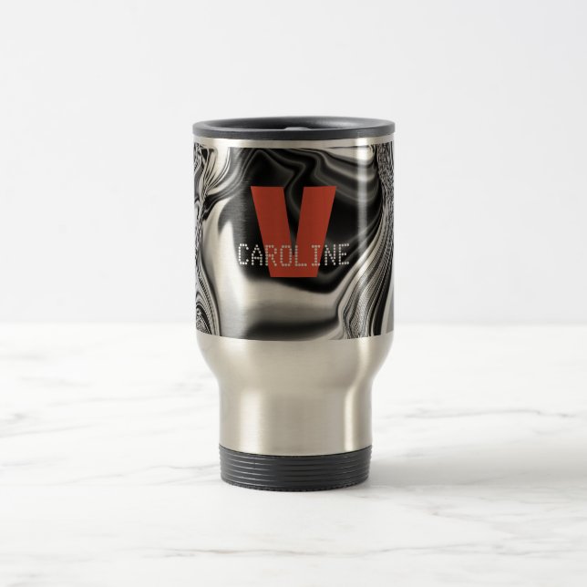 Elegant Monogrammed Silver Chrome Pattern Travel Mug (Center)