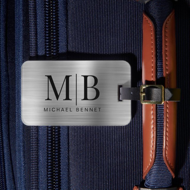 Elegant Monogrammed Silver Metallic Luggage Tag (Front Insitu 4)