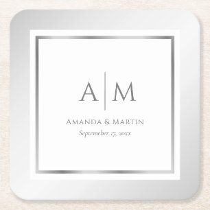Elegant Monogrammed Silver Wedding Square Paper Coaster