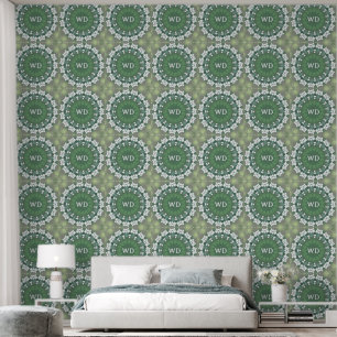 Elegant Monogrammed Spring Green Abstract Floral Wallpaper