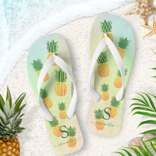 Elegant Monogrammed Tropical Pineapple Summer Thongs