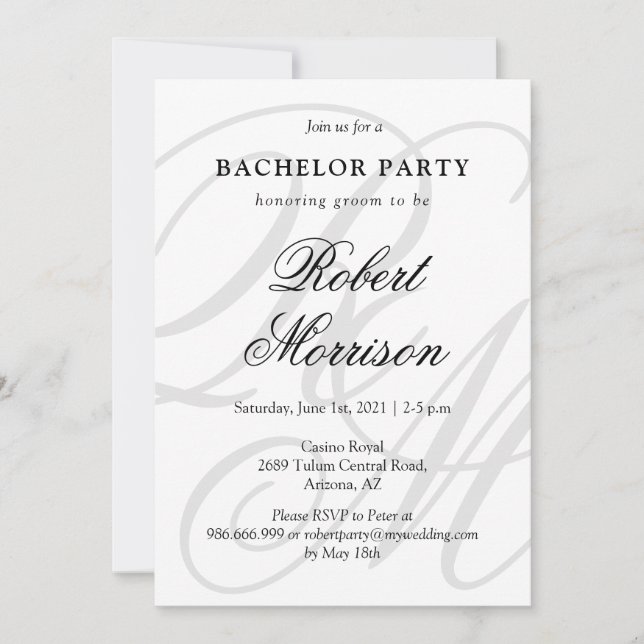 Elegant Monogrammed w/ QR code Bacherlor Party Invitation (Front)