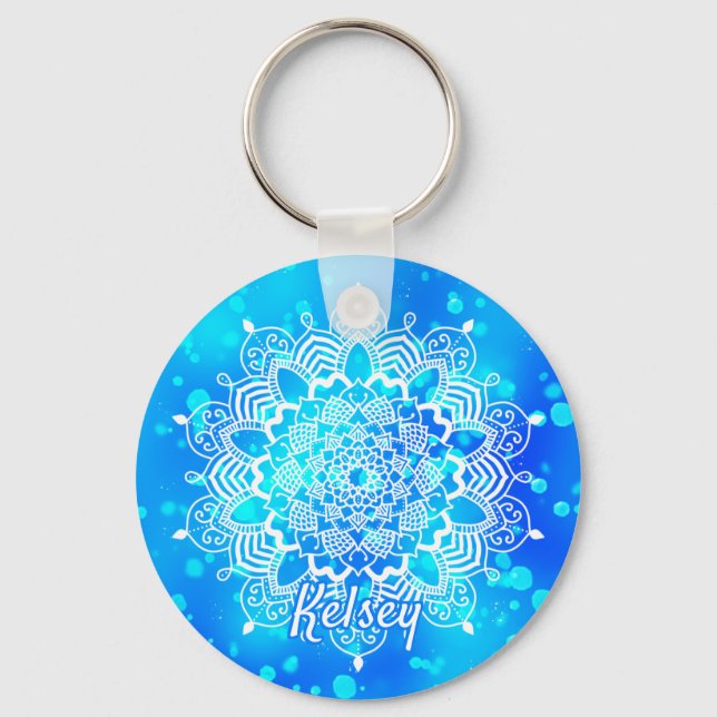 Elegant Monogrammed White & Blue Mandala Pattern Key Ring (Front)