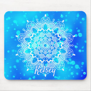 Elegant Monogrammed White & Blue Mandala Pattern Mouse Pad