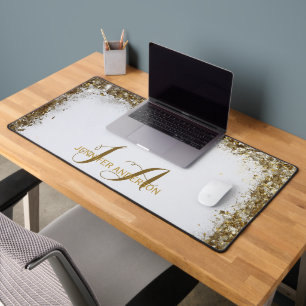 Elegant Monogrammed white gold faux glitter Desk Mat