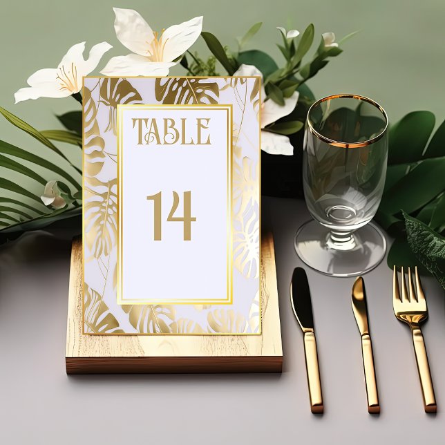 Elegant Monstera Gilded Gold Wedding Table Number (Creator Uploaded)
