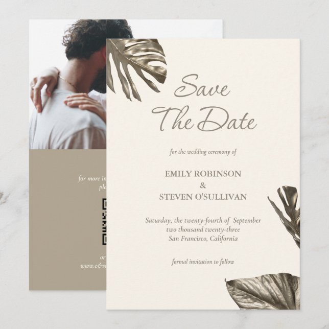Elegant Monstera Gold Champagne Photo Wedding  Save The Date (Front/Back)