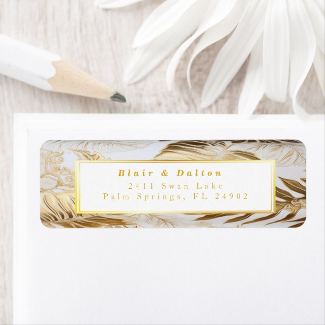Elegant Monstera Gold Wedding Return Address Label (Insitu)
