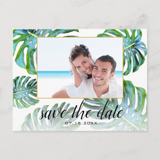 Elegant Monstera Leaf Photo Save the Date Announcement Postcard (Front)