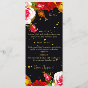 Elegant Moody Black Floral Gold Foil Wedding Place Menu