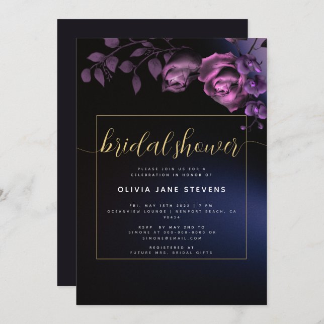 Elegant Moody Black Purple Floral Bridal Shower Invitation (Front/Back)