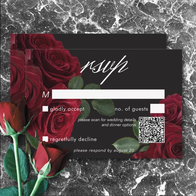 Elegant Moody Blood Red Roses Floral QR Code RSVP Card (Elegant Moody Blood Red Roses Floral QR Code RSVP Card)