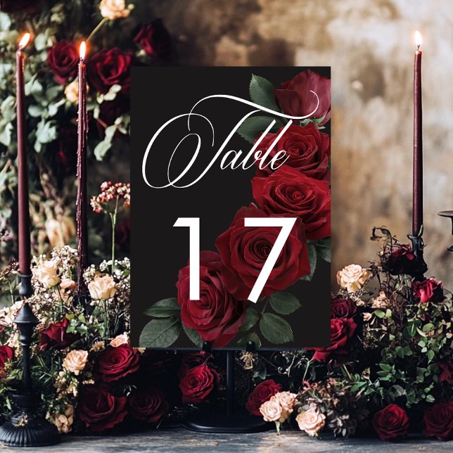 Elegant Moody Blood Red Roses Floral Table Number (Elegant Moody Blood Red Roses Wedding Table Card Number)